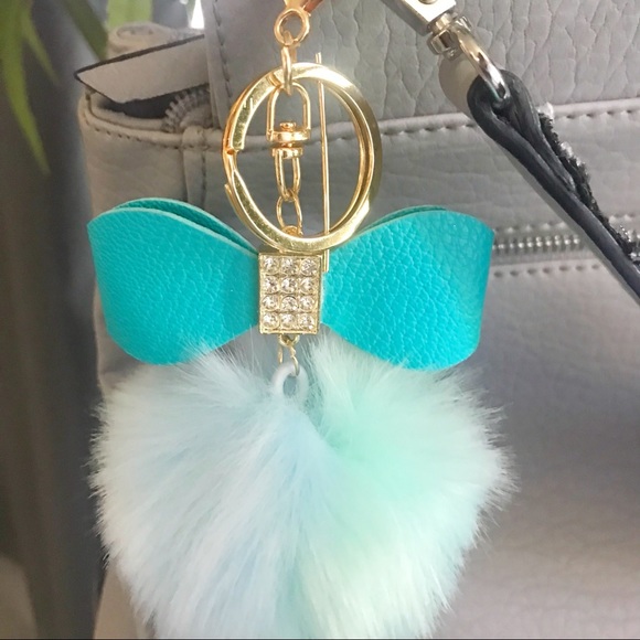 Turquoise Blue/Green Fur Pom Pom Keyring/Charm - Picture 3 of 6